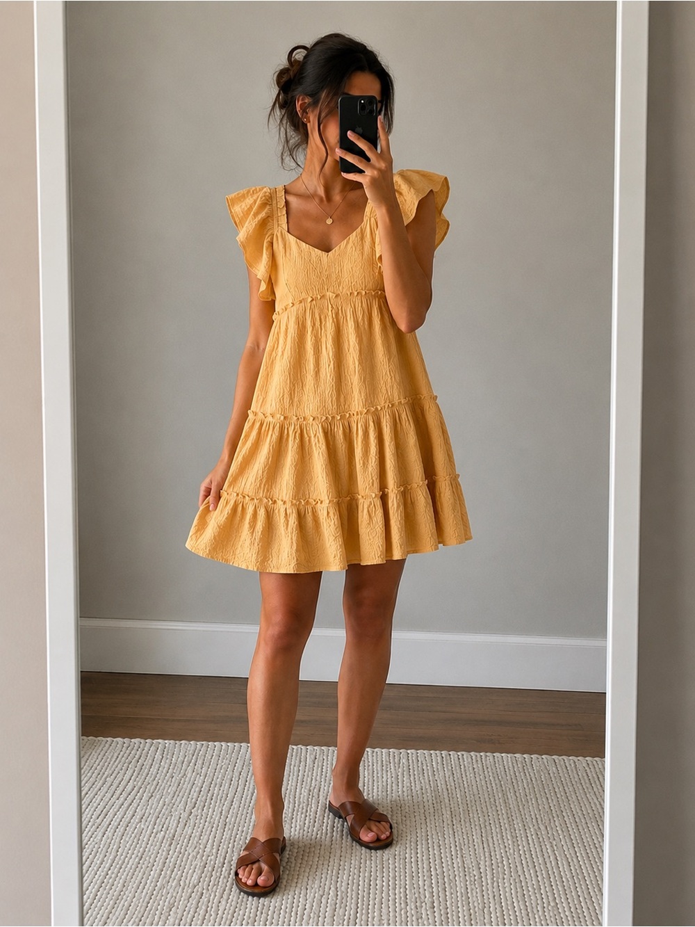 Doe & Rae Yellow Textured Ruffle Mini Dress